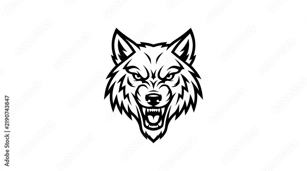 Obraz premium Stylized black and white wolf head mascot graphic.