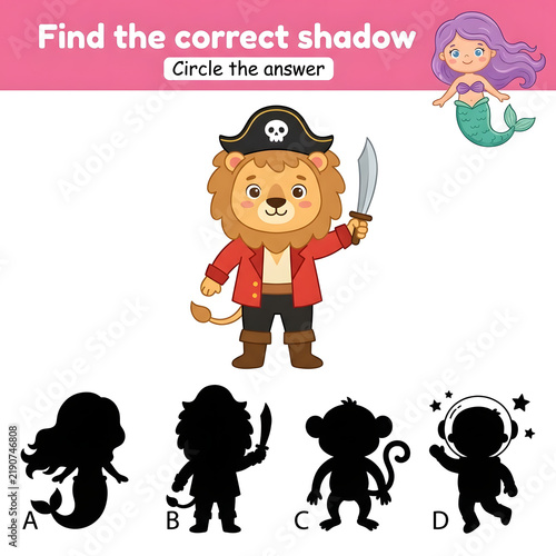 Educational find correct shadow game for kids featuring cute pirate lion with metal sword