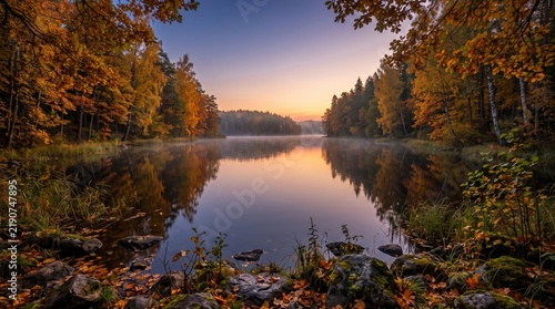 Lake surrounded by vibrant autumn forest reflecting in still water at dawn.