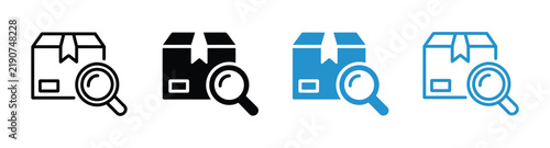 Parcel search icon with cardboard box and magnifying glass for package tracking, order search, shipment inspection, logistics, delivery review, and shipping service