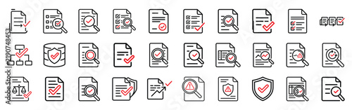 Audit and compliance outline icon set with red accents, checklist review and reports vector.