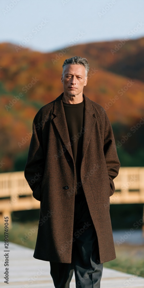 Obraz premium Mature man in a brown overcoat standing on a bridge with autumn hills portrait for fashion banner and editorial background