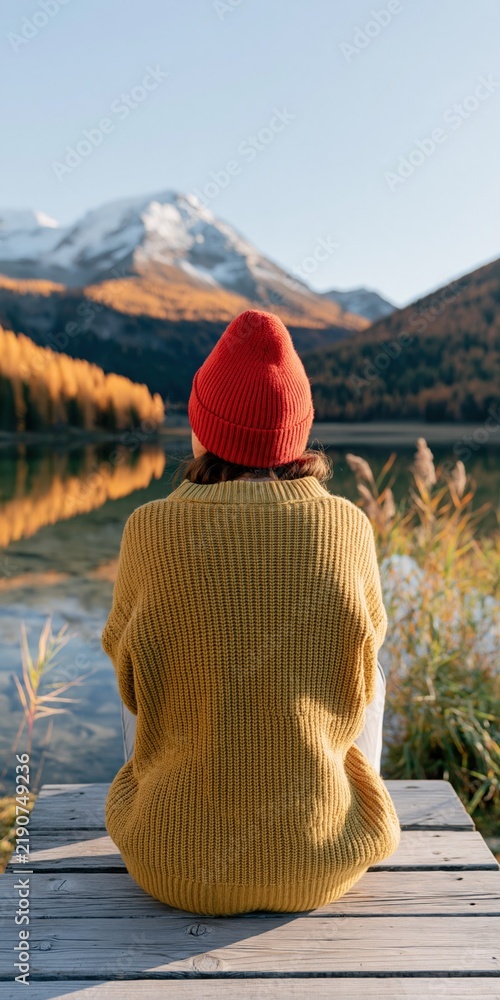 Fototapeta premium Person sitting on dock facing snow capped mountain over reflective lake in autumn with red beanie and mustard sweater for landscape wallpaper and travel poster