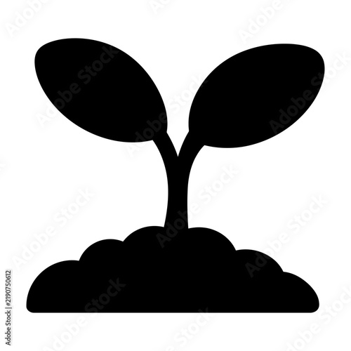 Simple black silhouette of a small plant sprouting from a mound of soil on a white background.