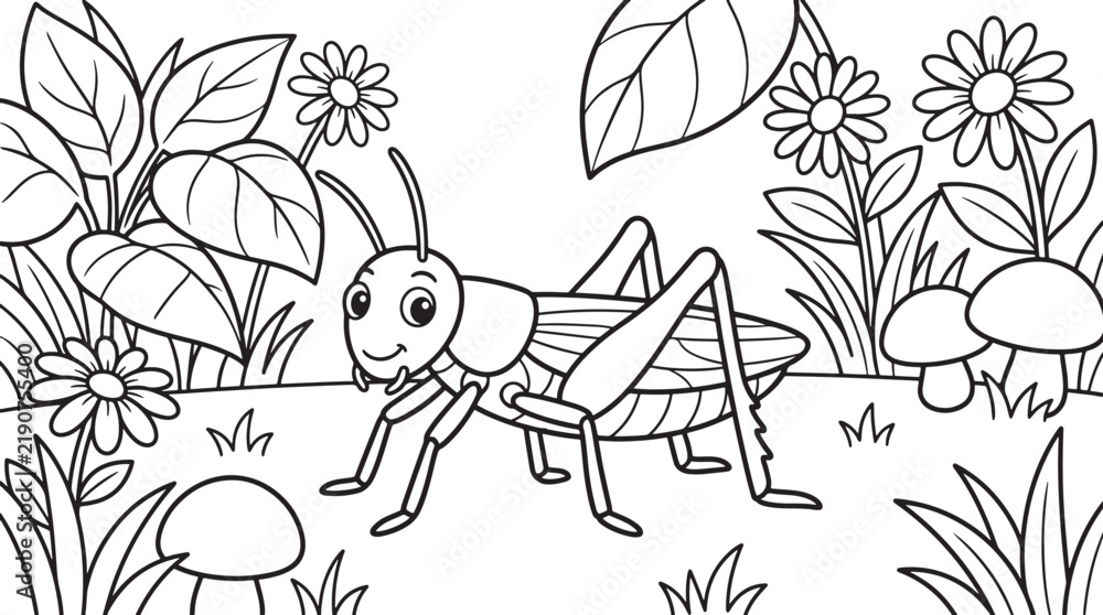 Fototapeta premium Coloring page for children featuring a friendly cartoon grasshopper standing in a garden with flowers, leaves, and mushrooms, black and white line also transparent background