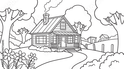Black and white line of a cozy wooden cabin with a chimney, porch, and surrounding trees, flowers, and a path in a rural landscape also transparent background