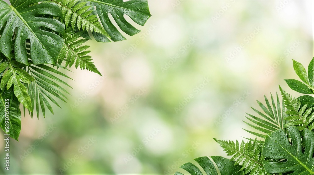 Obraz premium Monstera and fern leaves framing blurred green background