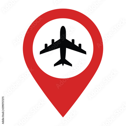 Red map pin with airplane icon isolated on white background, flight location marker, airport navigation symbol, travel destination pointer, aviation route and GPS vector illustration