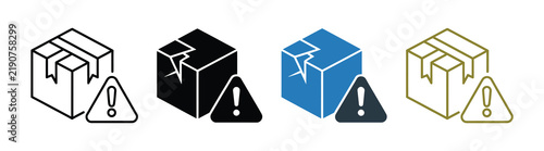 Parcel damage shipping warning icon set, fragile package delivery issue, broken cargo box, caution alert, damaged shipment and logistics line art symbols