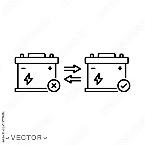 replace car battery icon, faulty battery, battery exchange or battery replacement service concept, thin line symbol isolated on white background, editable stroke eps 10 vector illustration