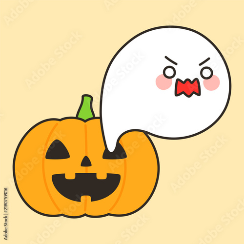 Cute angry ghost popping out of jack o lantern