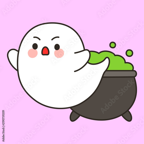 Foto Cute ghost peeking beside green cauldron