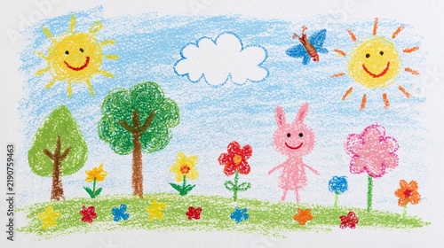 Cheerful childlike crayon drawing of a sunny spring landscape with trees, flowers, butterfly and a pink rabbit