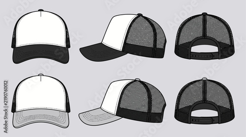 Set of six baseball cap mockup views in grayscale for design.