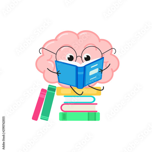 Cute clever brain character reading book sitting on stack of books