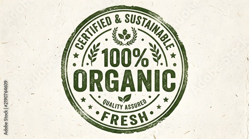 Certified and sustainable 100 percent organic label stamp on textured paper with organic food green stamp quality assurance eco friendly vintage design paper background stamp mark organic goods