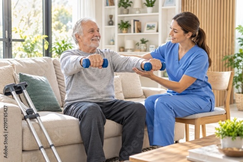 A female nurse in blue scrubs helping a senior man with his rehabilitation exercises.