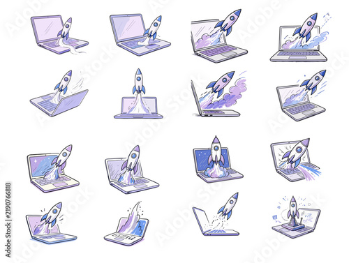Rocket launching from laptops in various dynamic positions  