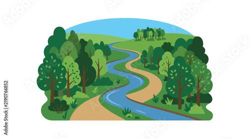Foto Stylized Winding River Through Green Forest Landscape