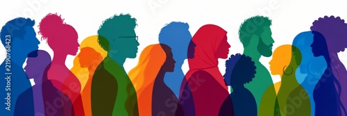 Panoramic view of diverse society represented by multiple individuals in profile.