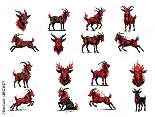 Goat illustrations in various poses and styles with red accents  
