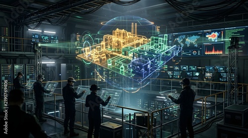 Complex industrial facility schematic with glowing lines is displayed in a futuristic control room