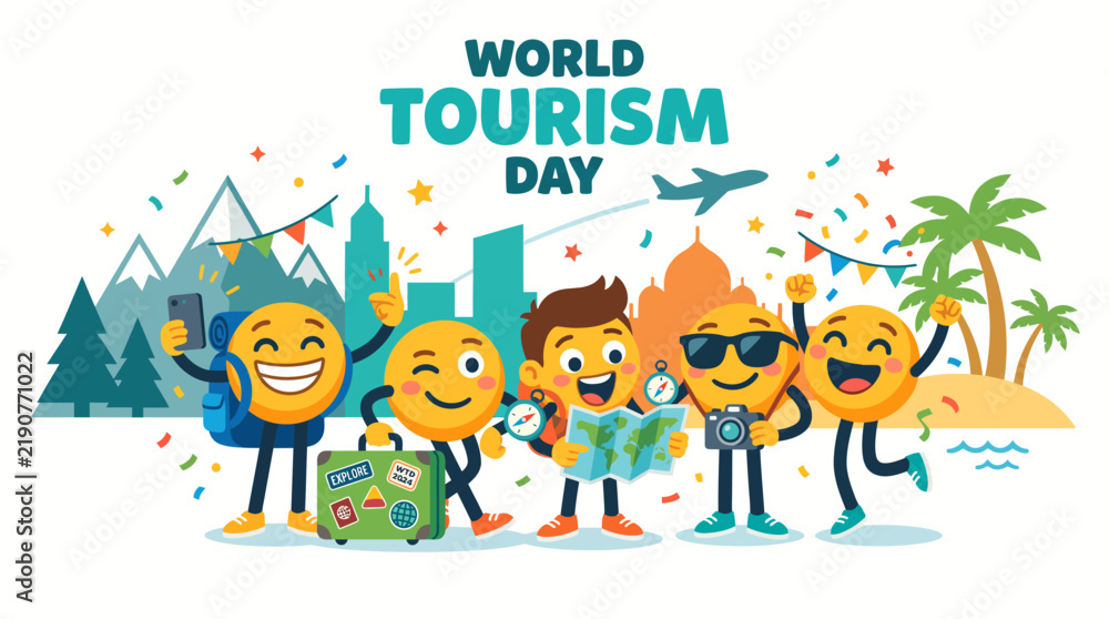 Fototapeta premium World tourism day vector illustration featuring joyful cartoon emojis traveling with luggage cameras and maps against iconic global landmarks celebrating adventure and exploration during this special 