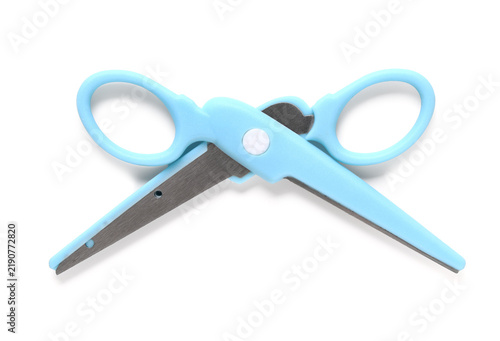 Fotografía Creativity and education, blue safety scissors for children isolated on white ba