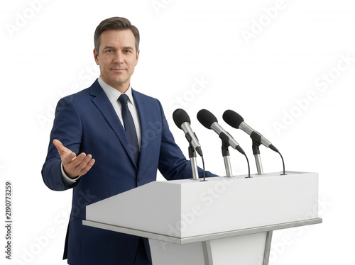 Man in blue suit speaking at white podium with microphones isolated on a transparent background