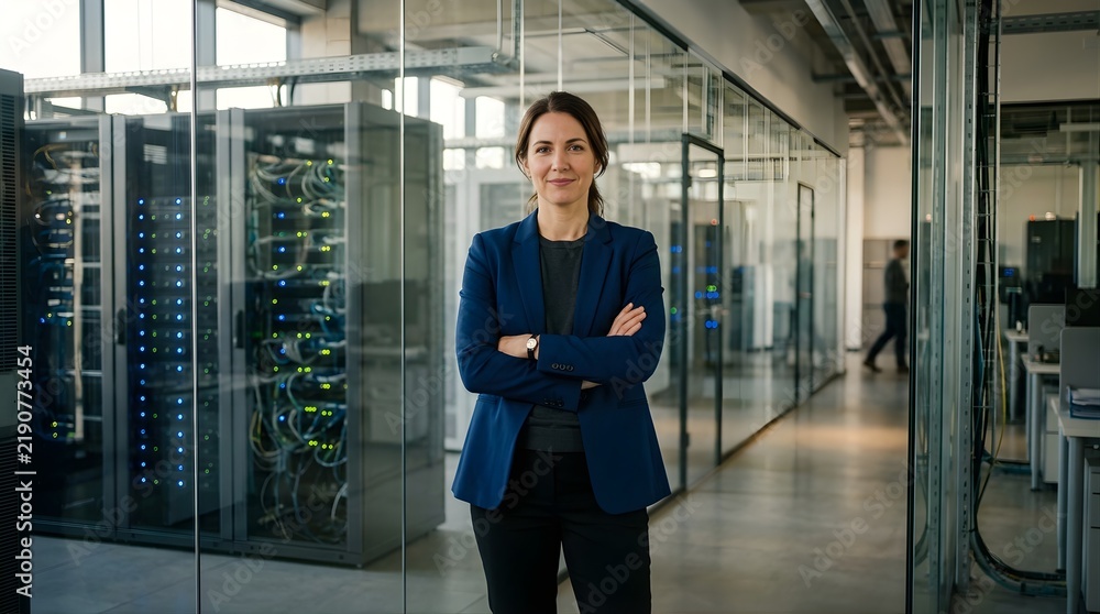 Fototapeta premium Professional woman standing in a modern server room at IT data center