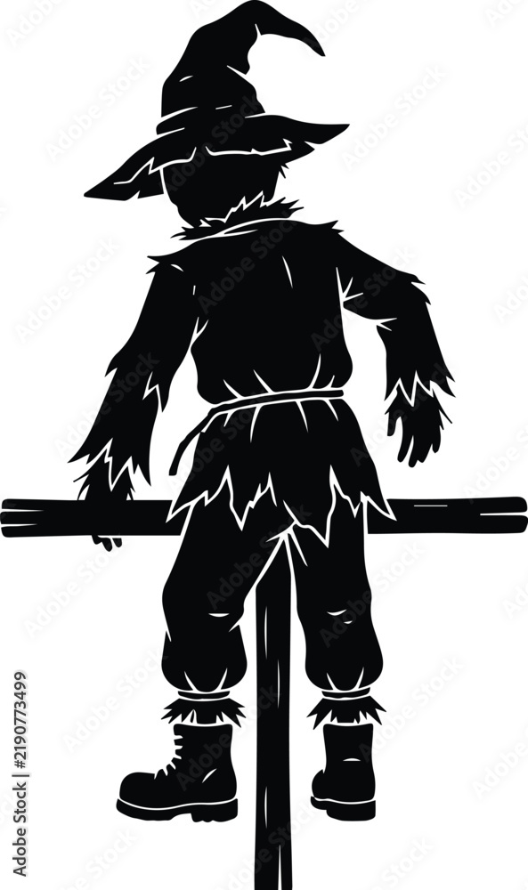 Obraz premium Spooky scarecrow standing on wooden post in autumn harvest vector silhouette illustration for scary halloween graphic design projects