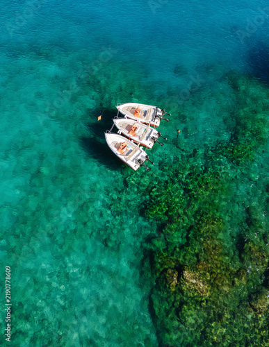 Aerial View Three Boats Turquoise Sea. Greece