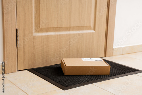 Parcel box on mat near door in hallway. Delivery service
