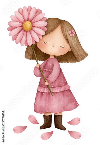 Cute little girl in pink dress holding giant flower