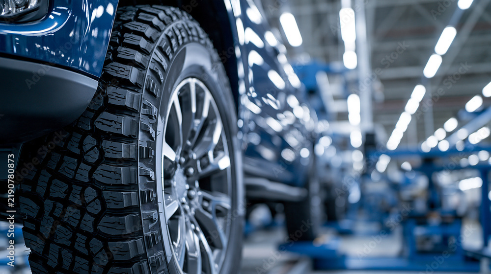 Fototapeta premium Close-up of a blue SUV tire and alloy wheel on an assembly line in a bright automotive factory. Ideal for car manufacturing and transport industry concepts.