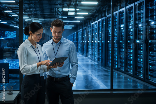 Two business professionals collaborate with a tablet in a server room environment