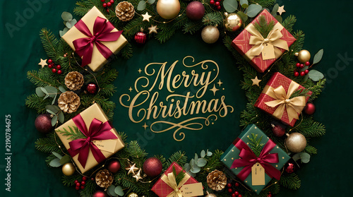 Festive merry christmas wreath with gold and red wrapped presents, christmas