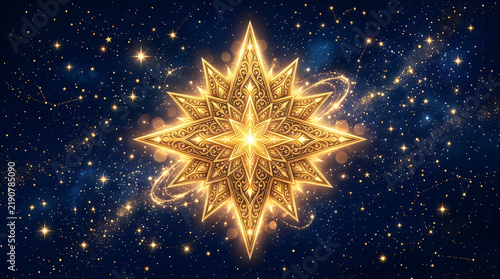 Glowing golden christmas star ornament on magical cosmic background
