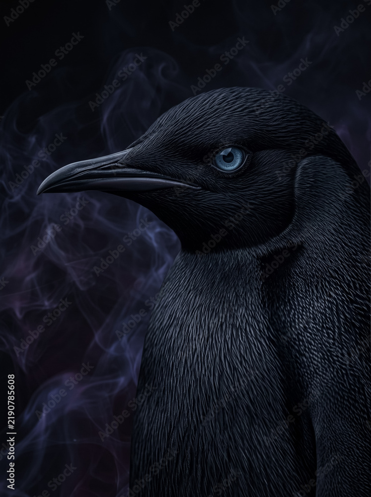 Obraz premium Raven portrait with blue eye in dark smoke