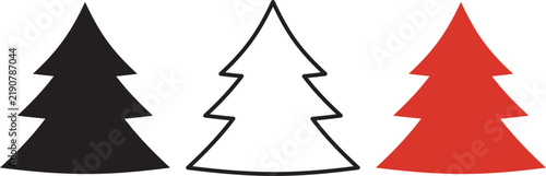 Christmas Tree Icon Collection with Filled and Outline Styles, Evergreen Pine Tree Symbols in Black, White and Red