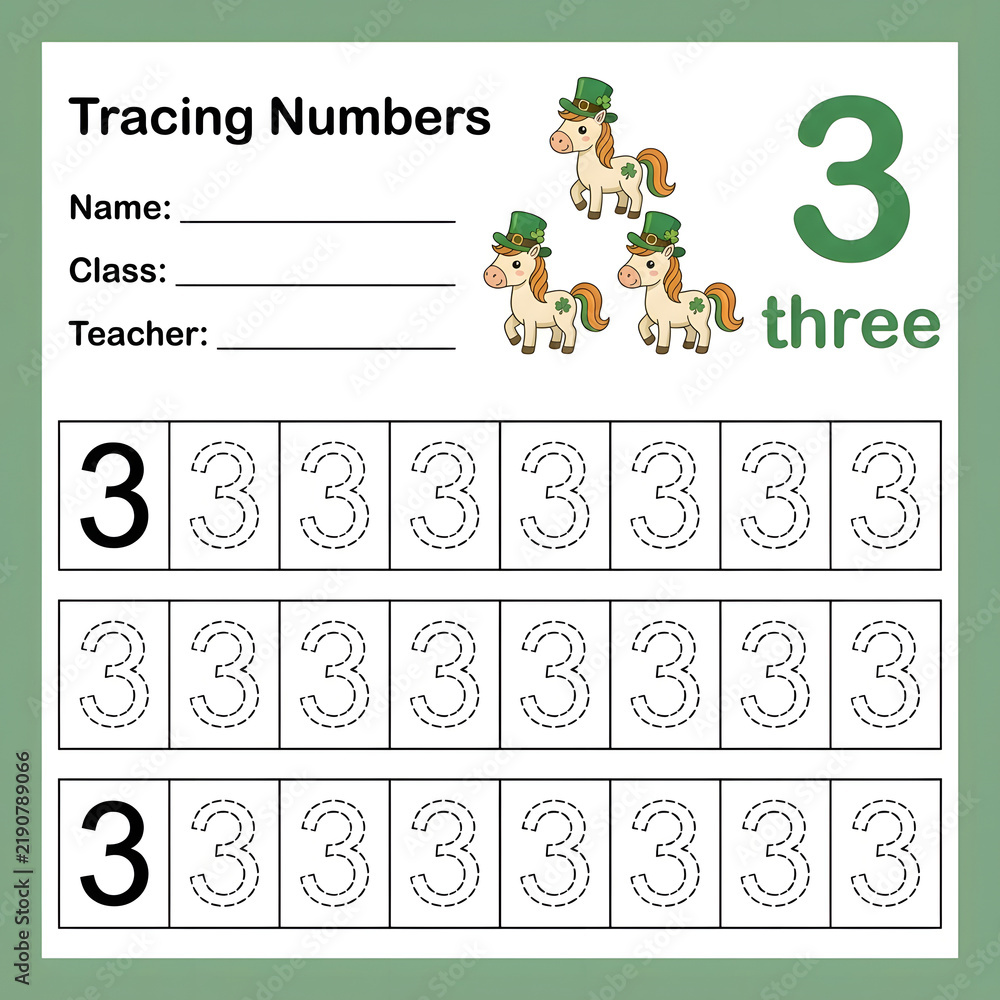 Fototapeta premium Tracing numbers worksheet for kids with number three and cute cartoon horses