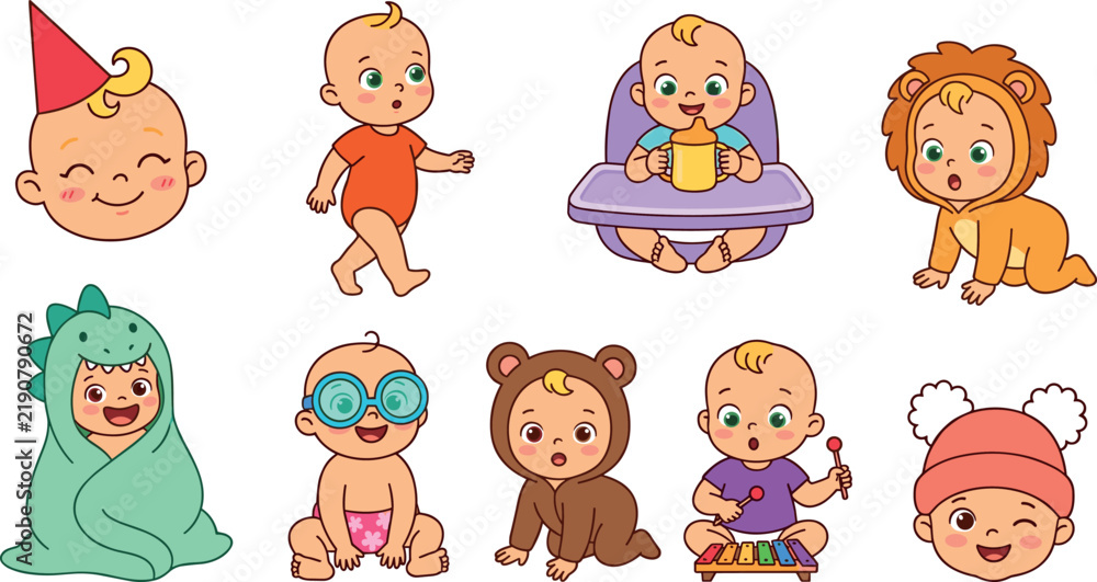 Fototapeta premium Vector collection of cute cartoon baby characters in funny animal costumes playing crawling and eating actions isolated on white background for kids design