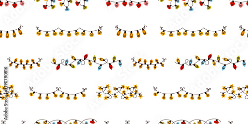 A seamless pattern of Christmas garlands with light bulbs. Perfect for textile printing, wallpaper, and packaging.