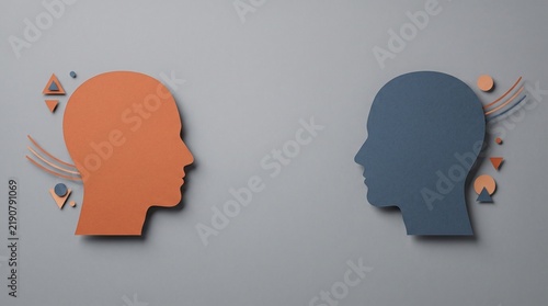 Minimalist human head silhouettes facing each other, conceptual paper cut art of communication, psychology and empathy metaphor