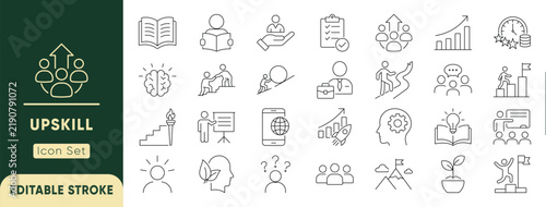 Upskill and self development line icon set. Featuring career growth, mentoring, online learning and skill training. Editable vector.