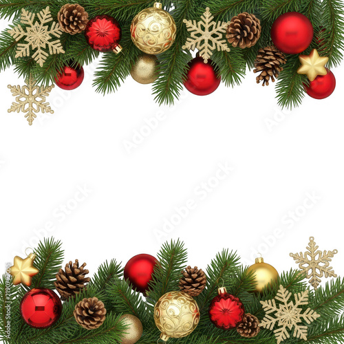 Beautiful christmas greenery with red and gold ornaments border design