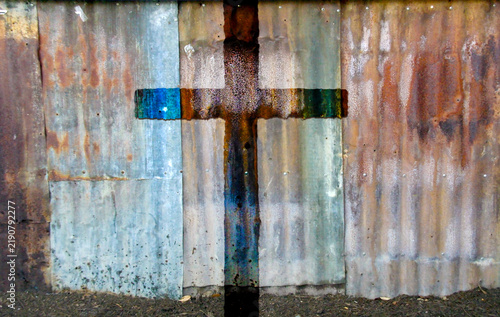 rustic cross on rusted corrugated panels