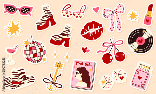 A set of stickers featuring vintage feminine items. Lucky Girls stickers. Perfect for stickers, stylish branding, and cards.