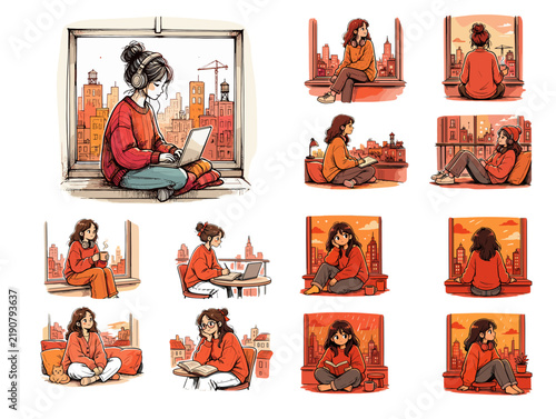 Young woman working on a laptop and relaxing at home in a cozy apartment  