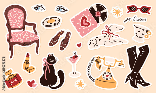 A set of stickers featuring vintage French stylish items.